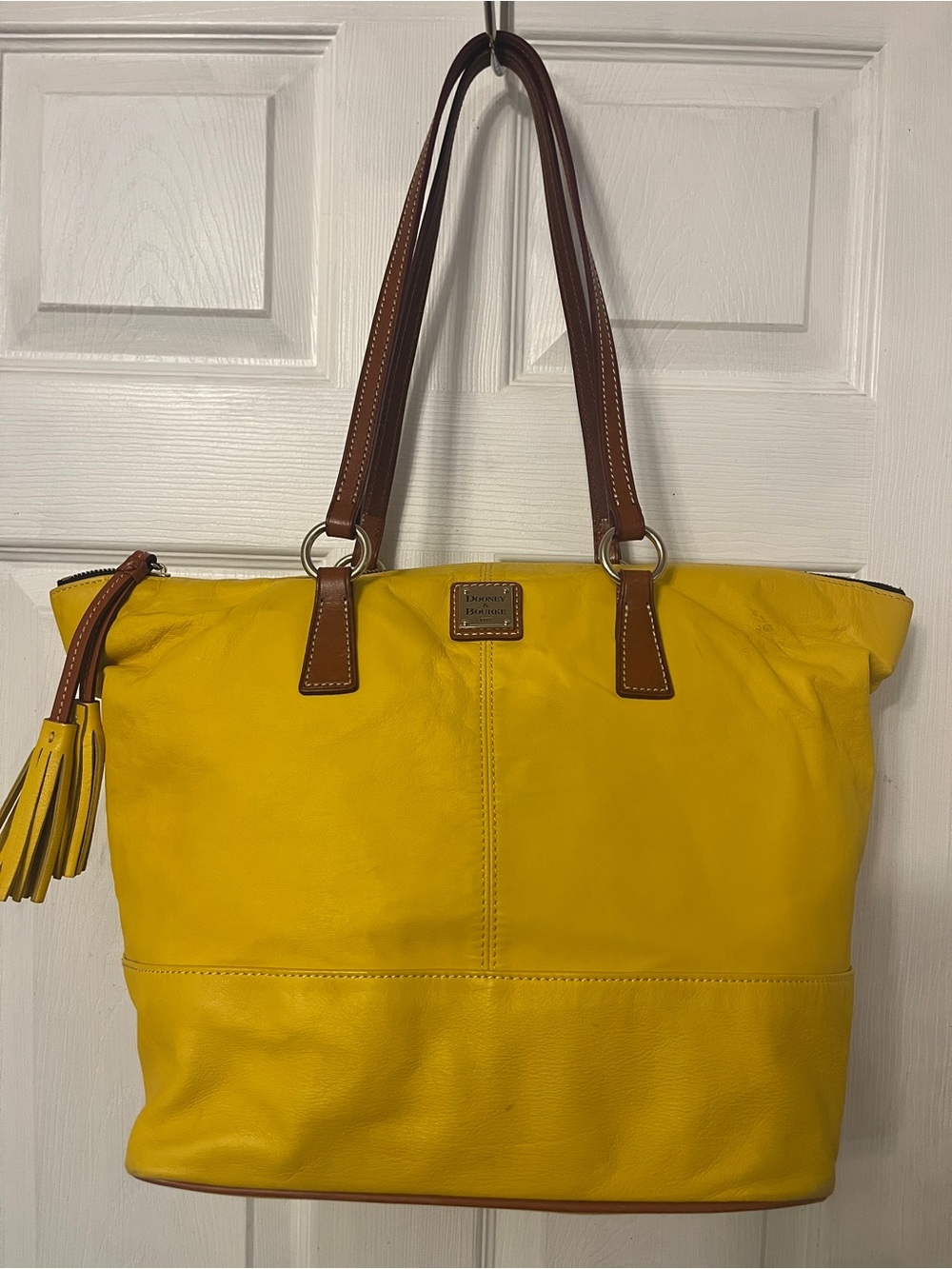Dooney & Bourke Bright Yellow Leather Tote with Brown Straps and Dust Bag - Picture 2 of 16